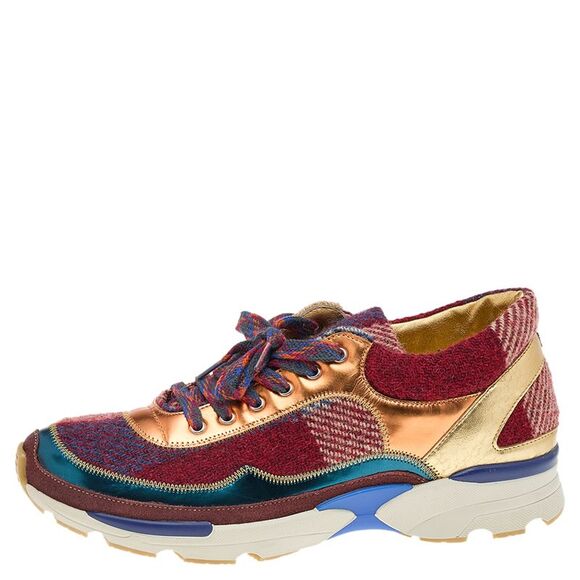 Chanel Multicolor Patent Leather And Tweed CC Low Top Sneakers Size 38.5 - Picture 2 of 4